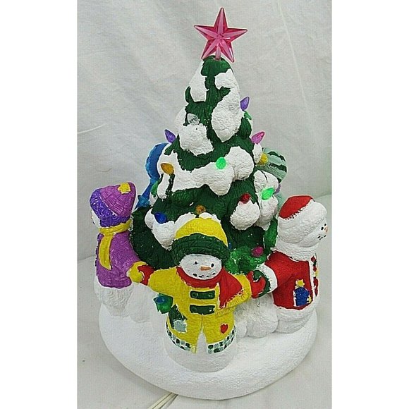 Lighted Ceramic Christmas Tree with Snowmen Rustic Hand Painted 11\
